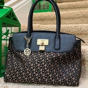 DKNY Black/Brown Signature Canvas and Leather Padlock Tote